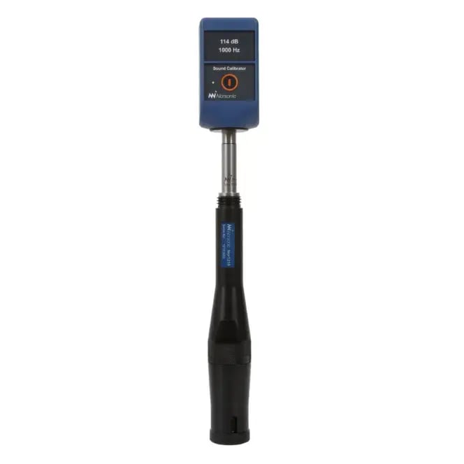Nor1255 Sound calibrator in use on a Nor1216 outdoor microphone 
